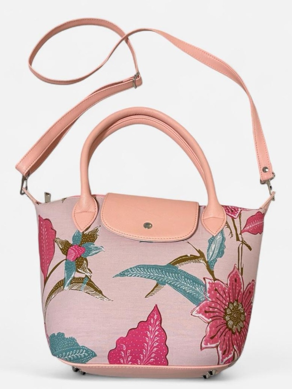 Pink Floral Top-Handle Tote Bag with Removable Strap